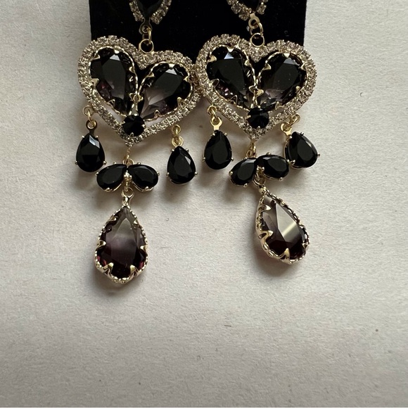 Gold Tone Earrings Black Ombré Heart Dangle Bling Rhinestone Sterling 925 Post - Picture 4 of 5